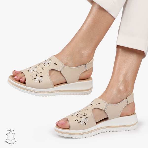Sandale dama din Piele Naturala cu talpa Inalta CRL0195 BEJ - Img 3
