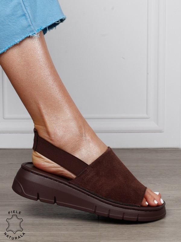 Sandale Damă din Piele Naturală Intoarsa cu Design Modern și Bareta Elastică CRL1805 CAFENIU - Img 2