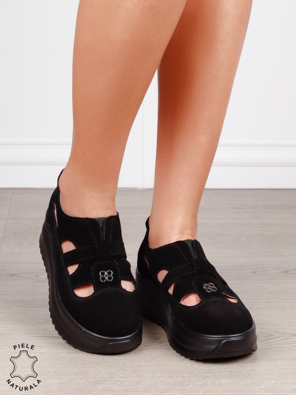 Sandale dama din Piele Naturala Intoarsa cu talpa inalta CRL1558 negru - Img 3