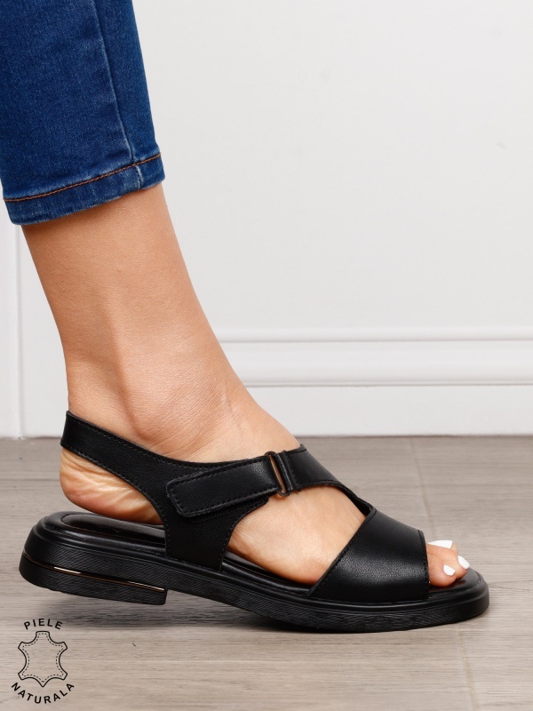 Sandale damă din piele naturală model casual cu talpă joasă și design modern CRL1646 NEGRU - Img 2
