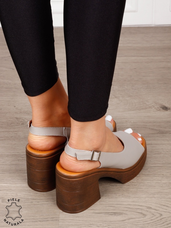 Sandale dama din Piele Naturala model clasic cu toc gros si inalt CRL1641 GRI - Img 2