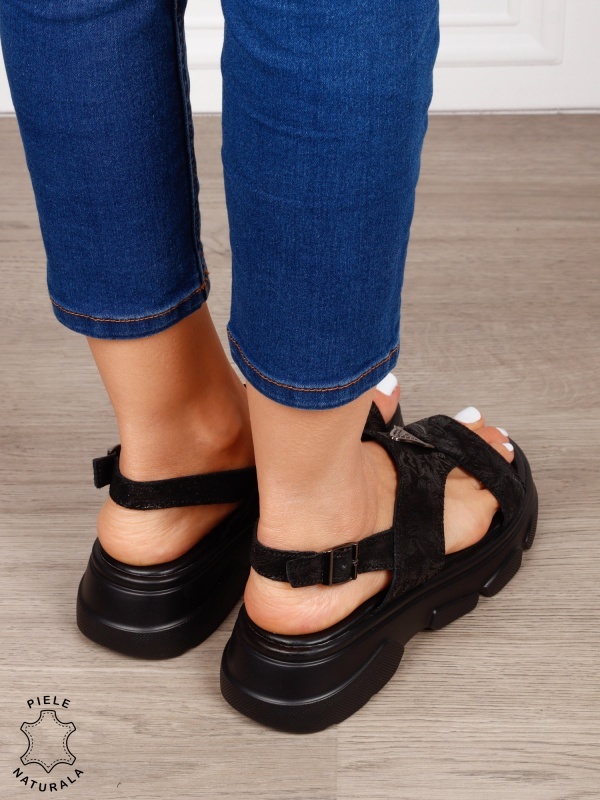 Sandale damă din piele naturală model premium cu detaliu decorativ frontal CRL1651 NEGRU - Img 3