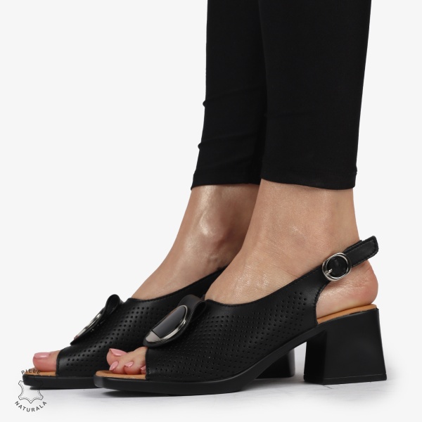 SANDALE dama din Piele Naturala PERFORATA CU TOC PATRAT SI CATARAMA CRL1370 NEGRU - Img 3