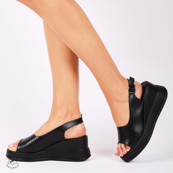 SANDALE Dama DIN Piele Naturala TALPA INALTA CRL1435 NEGRU - Img 2