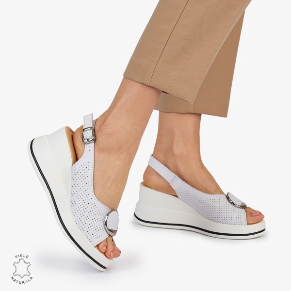 SANDALE Dama Piele Naturala CU TALPA INALTA SI ACCESORIU METALIC CRL1047 Culoare: ALB - Img 3