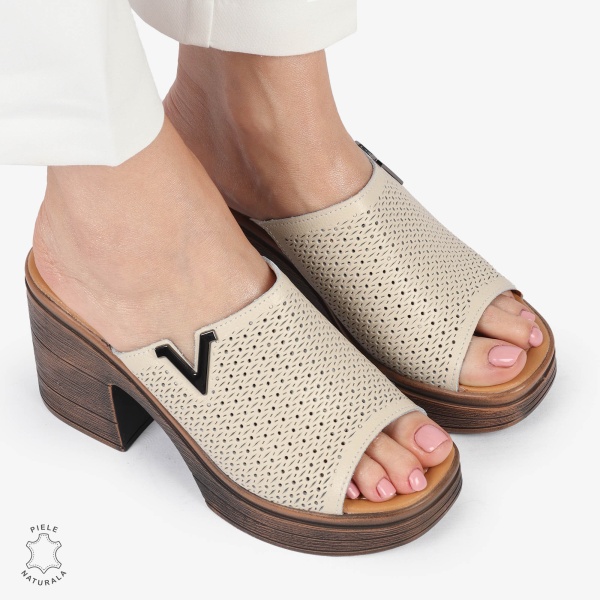 Sandale elegante din piele naturală CU TOC GROS SI INALT CRL1405 BEJ - Img 3