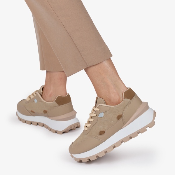 SNEAKERS din PIELE ECOLOGICA SI TEXTIL CRL1514 Camel - Img 4