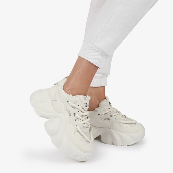 SNEAKERS din PIELE ECOLOGICA SI TEXTIL CU SIRETURI DUBLE SI TALPA INALTA CRL1287 ALB - Img 3