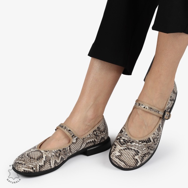BALERINI dama din Piele Naturala CU CATARAMA CRL1367 BEJ CROCO - Img 4