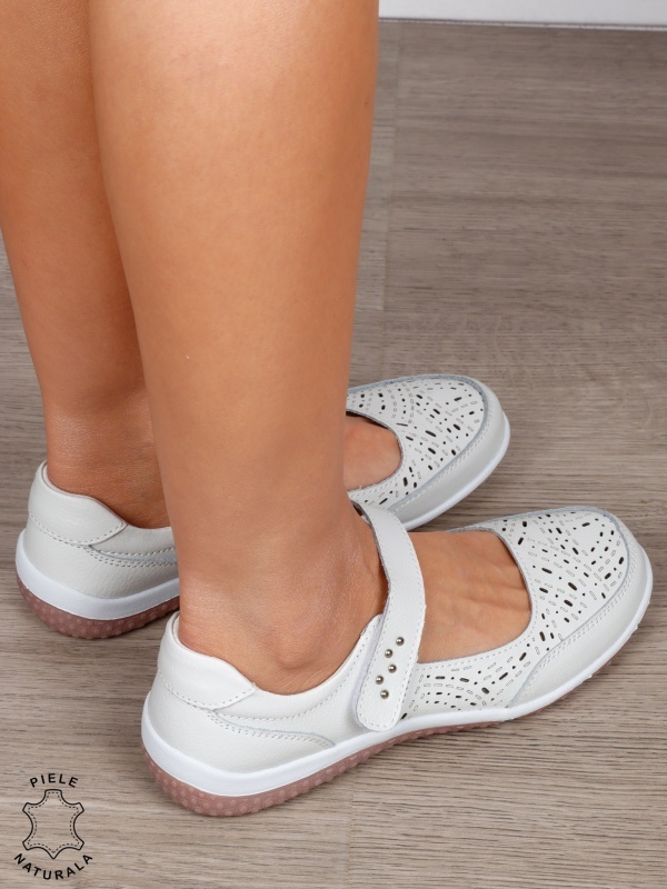 Balerini dama din Piele Naturala cu inchidere velcro CRL1548 ALB - Img 3