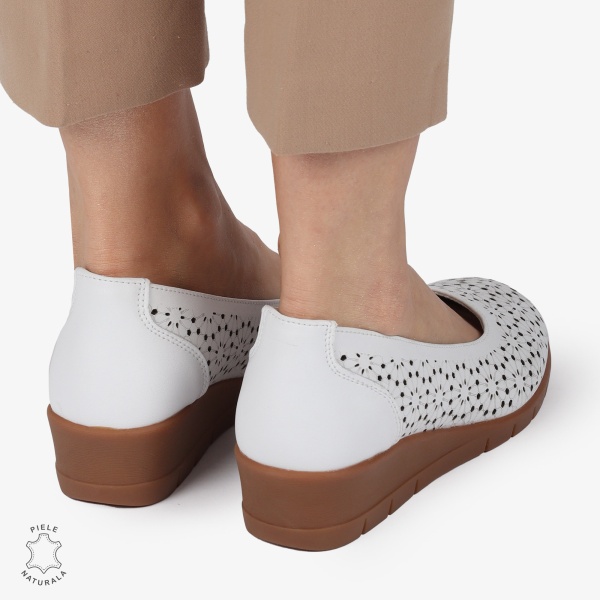 Balerini dama din Piele Naturala cu talpa groasa si Perforati CRL01381 ALB - Img 4