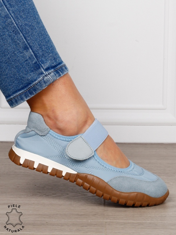 Balerini damă din piele naturală întoarsă și material textil, cu branț din piele naturală CRL1562 ALBASTRU - Img 3