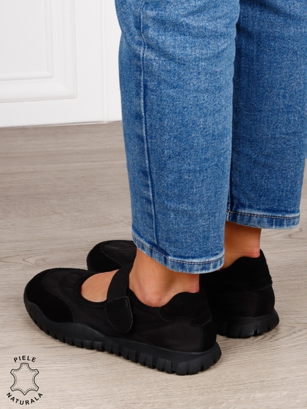 Balerini damă din piele naturală întoarsă și material textil, cu branț din piele naturală CRL1562 NEGRU - Img 4