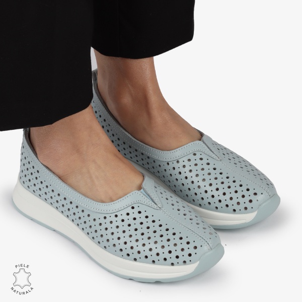 Balerini dama din Piele Naturala PERFORATA CU FUNDITA CRL1417 ALBASTRU - Img 2