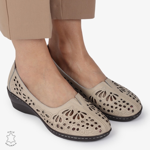 BALERINI dama din Piele naturala PERFORATA SLIP-ON CU TOC MIC CRL1362 BEJ - Img 3