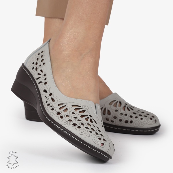 BALERINI dama din Piele naturala PERFORATA SLIP-ON CU TOC MIC CRL1362 GRI - Img 3