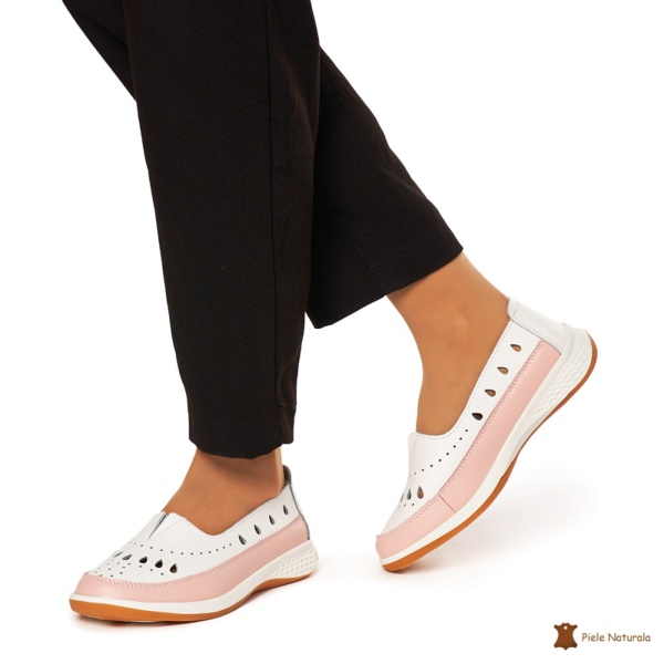 Balerini Dama Piele Naturala Slip-on CRL0074 Alb cu Roz - Img 3