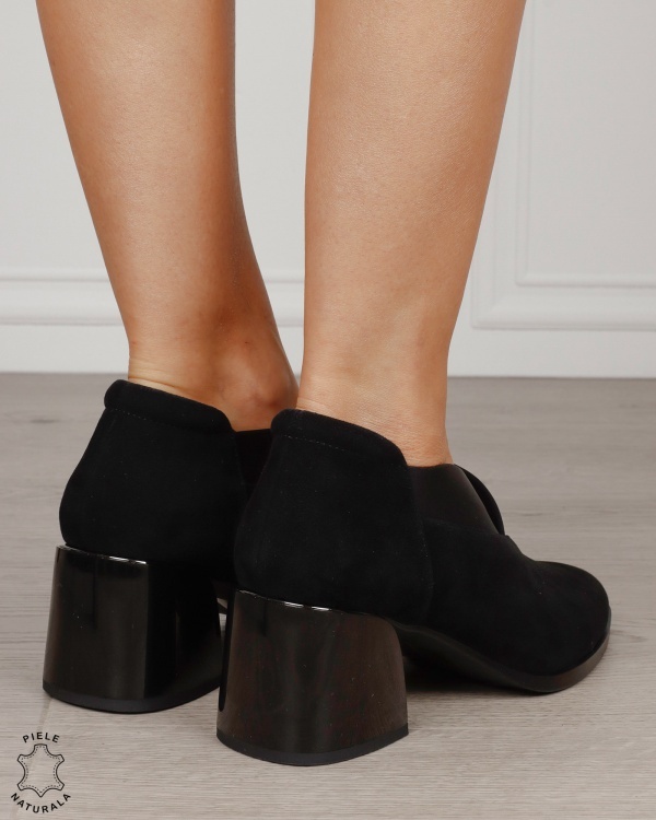 Botine damă din piele naturală întoarsă cu bandă elastică și toc gros CRL1886 NEGRU - Img 3