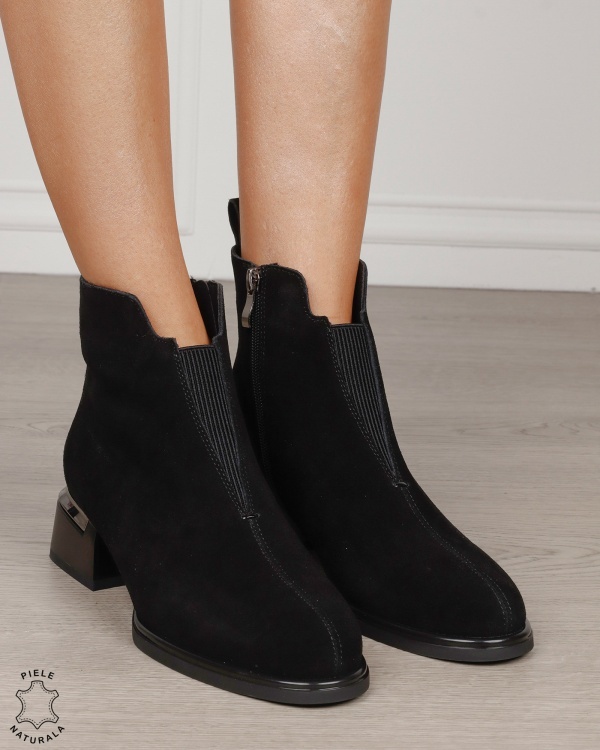 Botine damă din piele naturală Intoarsa cu elastic frontal CRL1882 NEGRU - Img 2