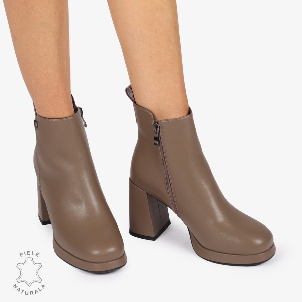 Botine dama Piele Naturala cu inchidere fermoar si toc Gros Inalt CRL1255 khaki - Img 3
