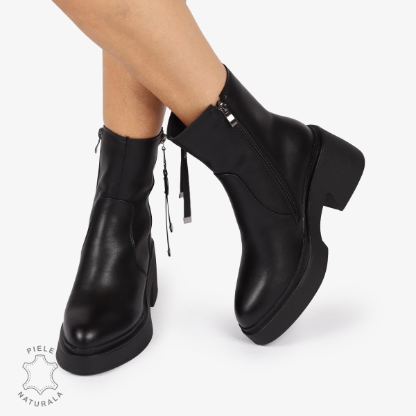 BOTINE DIN PIELE NATURALA cu Fermoar lateral si toc Gros CRL1243 Negru - Img 2