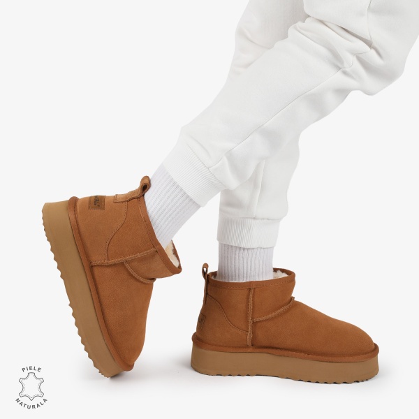 CIZME TIP UG DAMA SCURTE din PIELE NATURALA INTOARSA CRL1267 CULOARE: CAMEL - Img 2