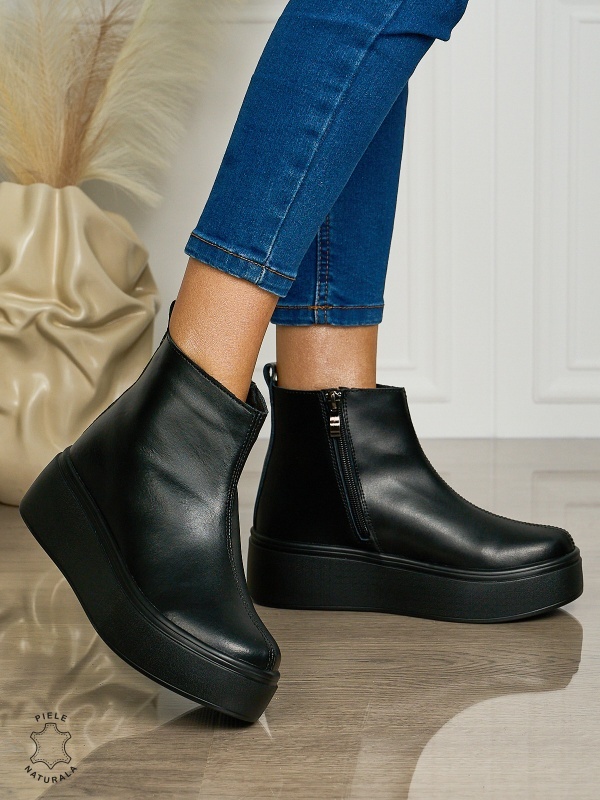 Ghete casual din piele naturală cu talpa solida cu fermoar CRL1511 NEGRU - Img 2