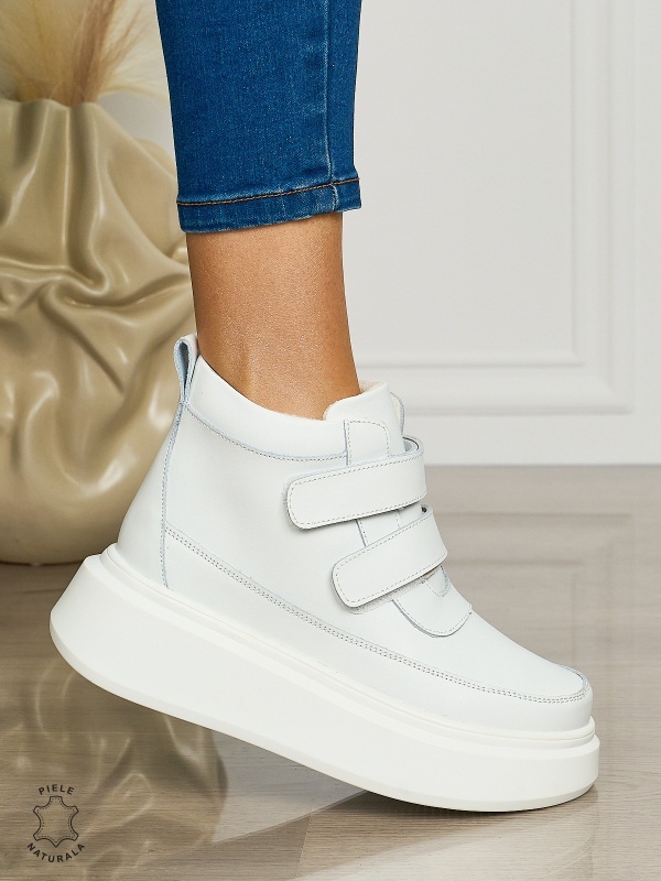 Ghete casual din piele naturală cu talpa solida cu Velcro si fermoar CRL1512ALB - Img 2