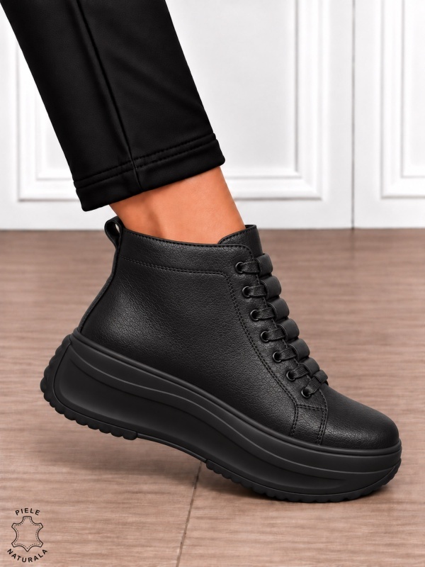 Ghete damă din piele naturală cu design modern și închidere dublă CRL1905 NEGRU - Img 2