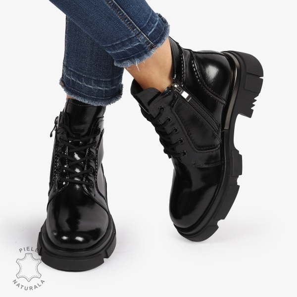 GHETE PIELE NATURALA LACUITA cu Varf rotund CRL1239 Negru - Img 2