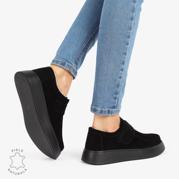 MOCASINI dama din Piele Naturala INTOARSA CU INCHIDERE VELCRO CRL1227 NEGRU - Img 3