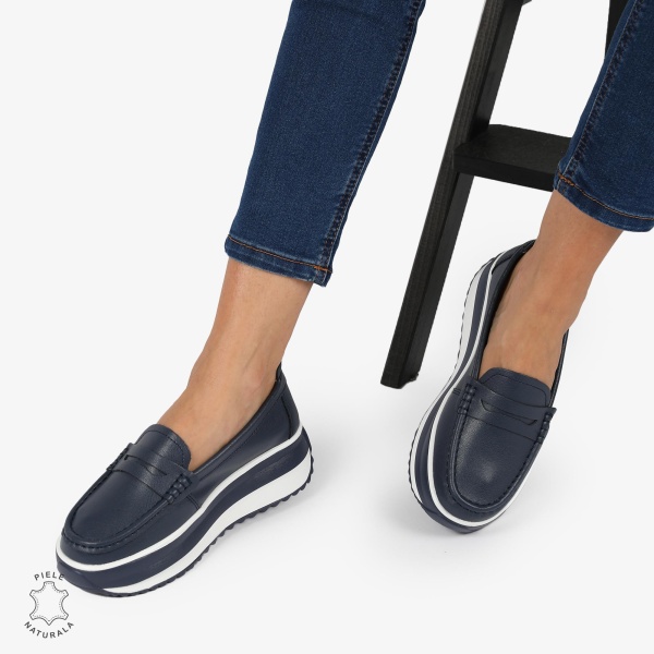 MOCASINI DAMA PIELE NATURALA cu talpa inalta si cusatura laterala CRL1276 NAVY - Img 2