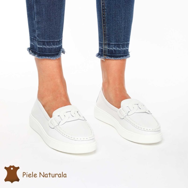 Mocasini Dama Piele Naturala cu talpa plata CRL0206 ALB - Img 4