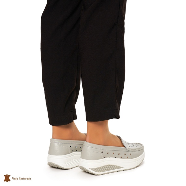Mocasini Dama Piele Naturala perforati cu talpa groasa CRL0079 GRI - Img 4