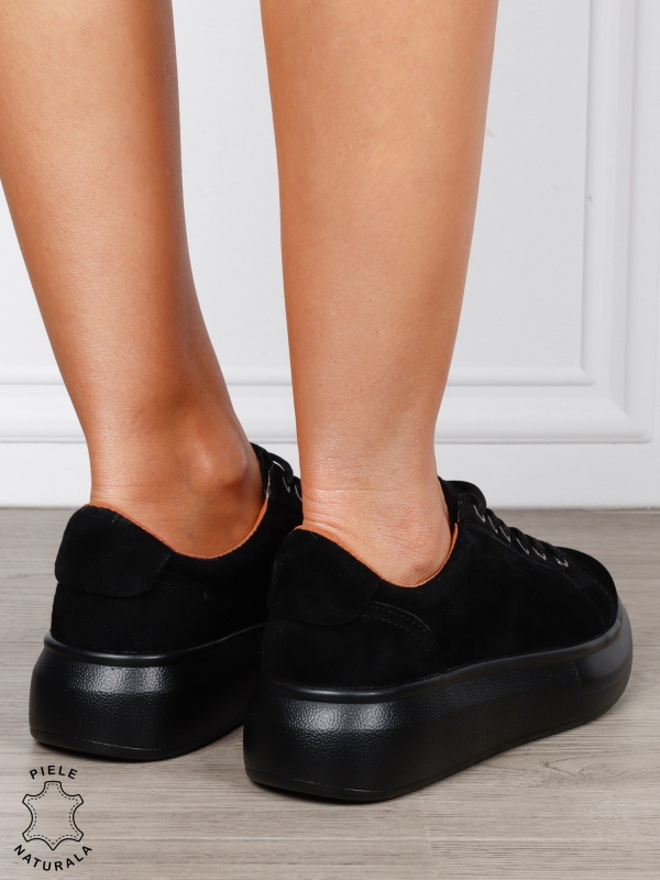 Pantofi Casual Damă din Piele Întoarsă Naturală cu Șiret CRL1802 NEGRU SUEDE - Img 3