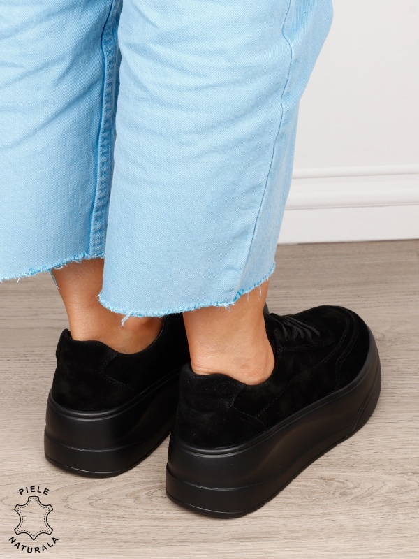 Pantofi casual damă din piele întoarsă naturală cu siret CRL1822 NEGRU - Img 3