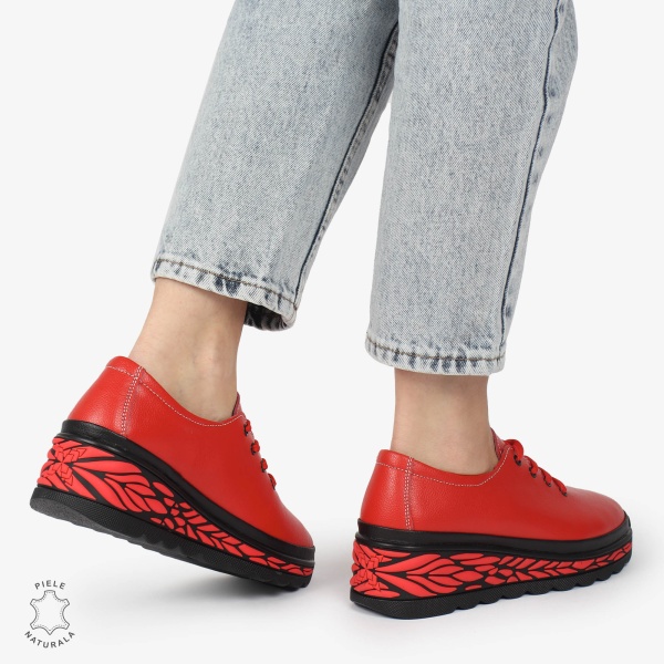 Pantofi Casual dama din Piele naturala CU DESIGN PE TALPA SIRET CRL1345 ROSU - Img 3