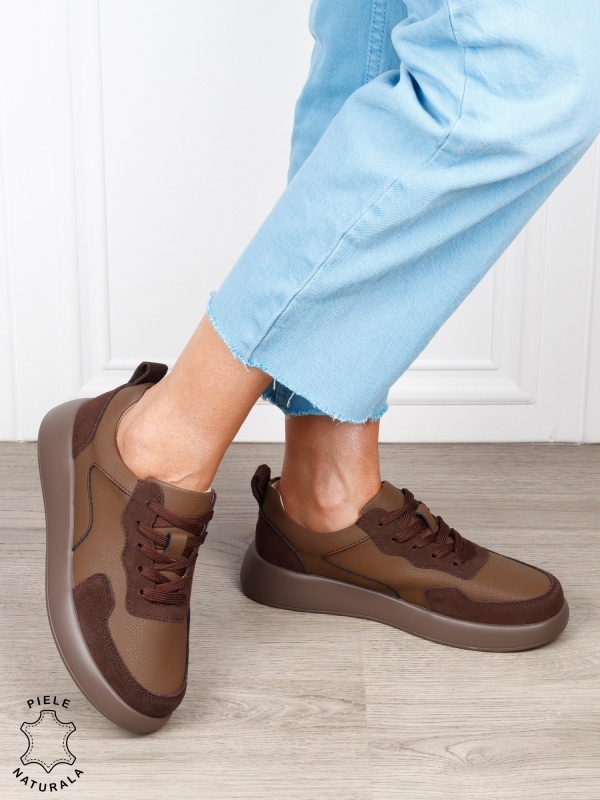 Pantofi casual dama din piele naturală cu finisaj premium CRL1823 CAFENIU - Img 2