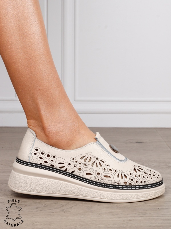 Pantofi Casual dama din Piele naturala cu model Perforat CRL1600 BEJ - Img 2