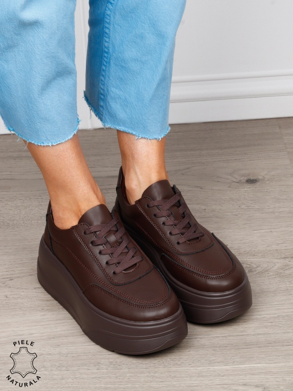 Pantofi casual damă din piele naturală cu siret CRL1822 CAFENIU - Img 2