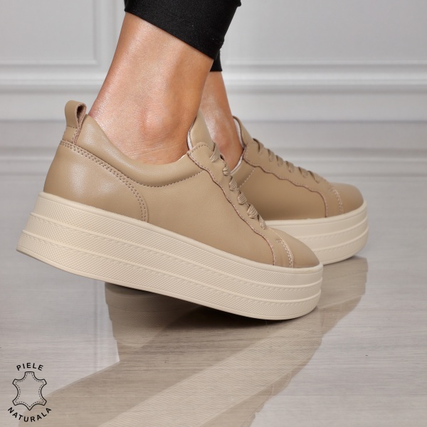 Pantofi CASUAL damă din piele naturală CU SIRET SI TALPA INALTA CRL1454 KHAKI - Img 2