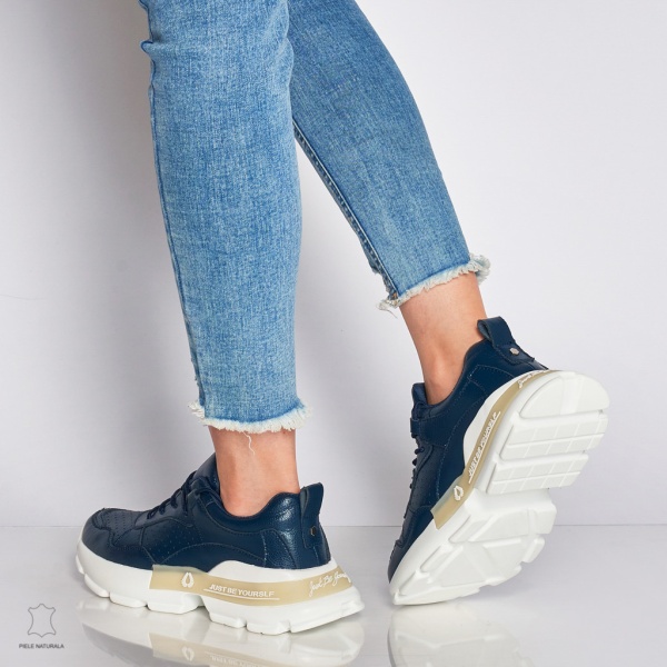 Pantofi Casual dama din Piele naturala cu talpa groasa CRL0046 Bleumarin - Img 3