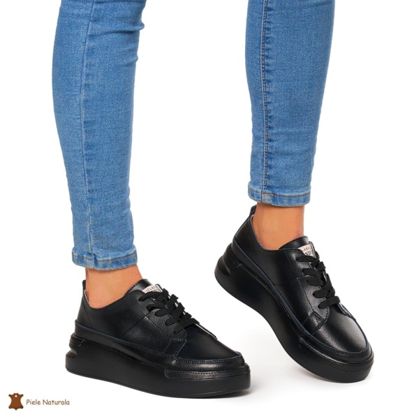 Pantofi Casual dama din Piele naturala cu talpa groasa CRL0056 NEGRU - Img 3