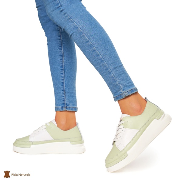 Pantofi Casual dama din Piele naturala cu talpa groasa CRL0056 VERDE - Img 2