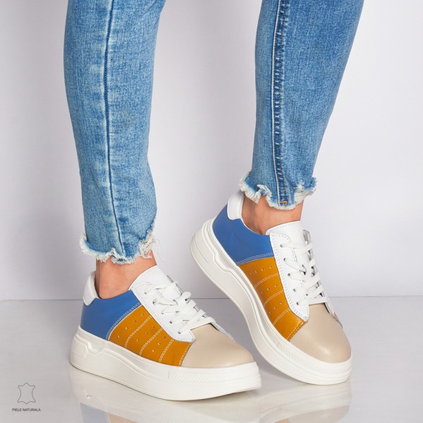 Pantofi Casual dama din Piele naturala cu talpa groasa Multicolor CRL0040 MUSTAR - Img 2