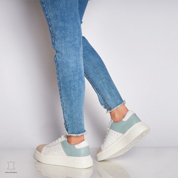 Pantofi Casual dama din Piele naturala cu talpa groasa Multicolor CRL0040ALB CU ALBASTRU - Img 3