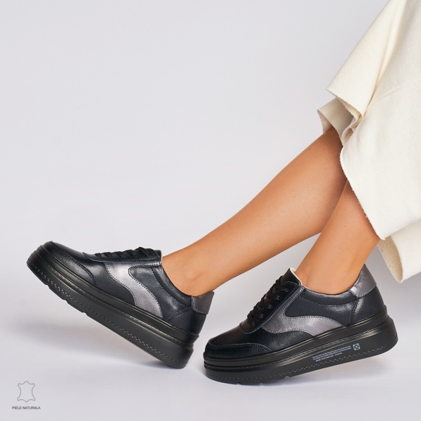 Pantofi Casual dama din Piele naturala cu talpa plata Multicolor CRL0041 Negru - Img 4