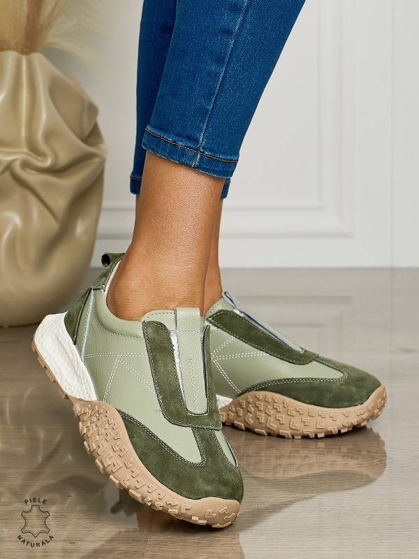 Pantofi CASUAL dama din piele naturala de tip Slip-on CRL1458 VERDE - Img 3