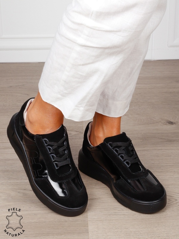 Pantofi Casual dama din Piele Naturala intoarsa CRL1556 negru - Img 2