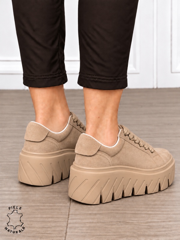 Pantofi casual damă din piele naturală Intoarsa cu talpă Speciala inalta CRL1913 KHAKI - Img 3